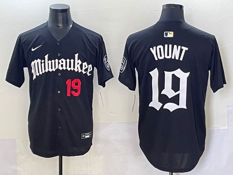 Men 2025 Milwaukee Brewers #19 Yount Black Five generations Joint Name Nike MLB Jersey style 5